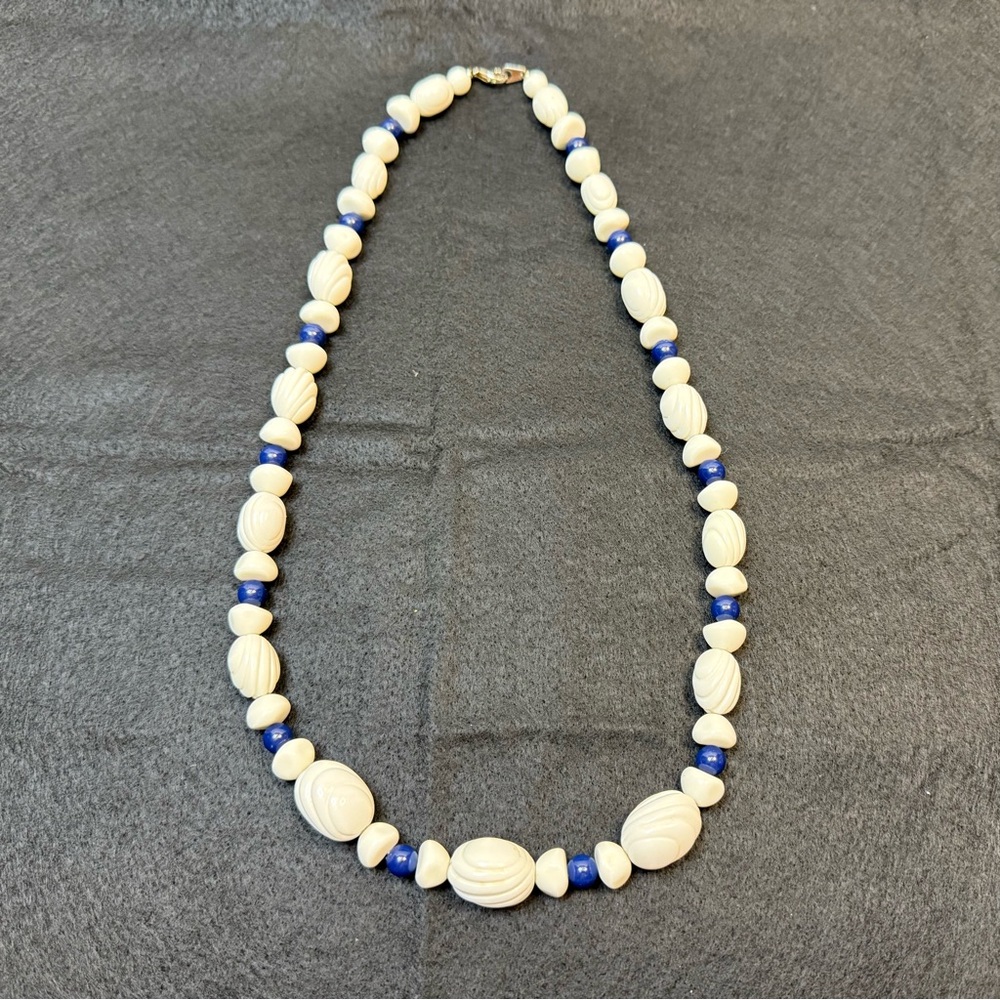Elegant White and Blue Beaded Necklace 24”